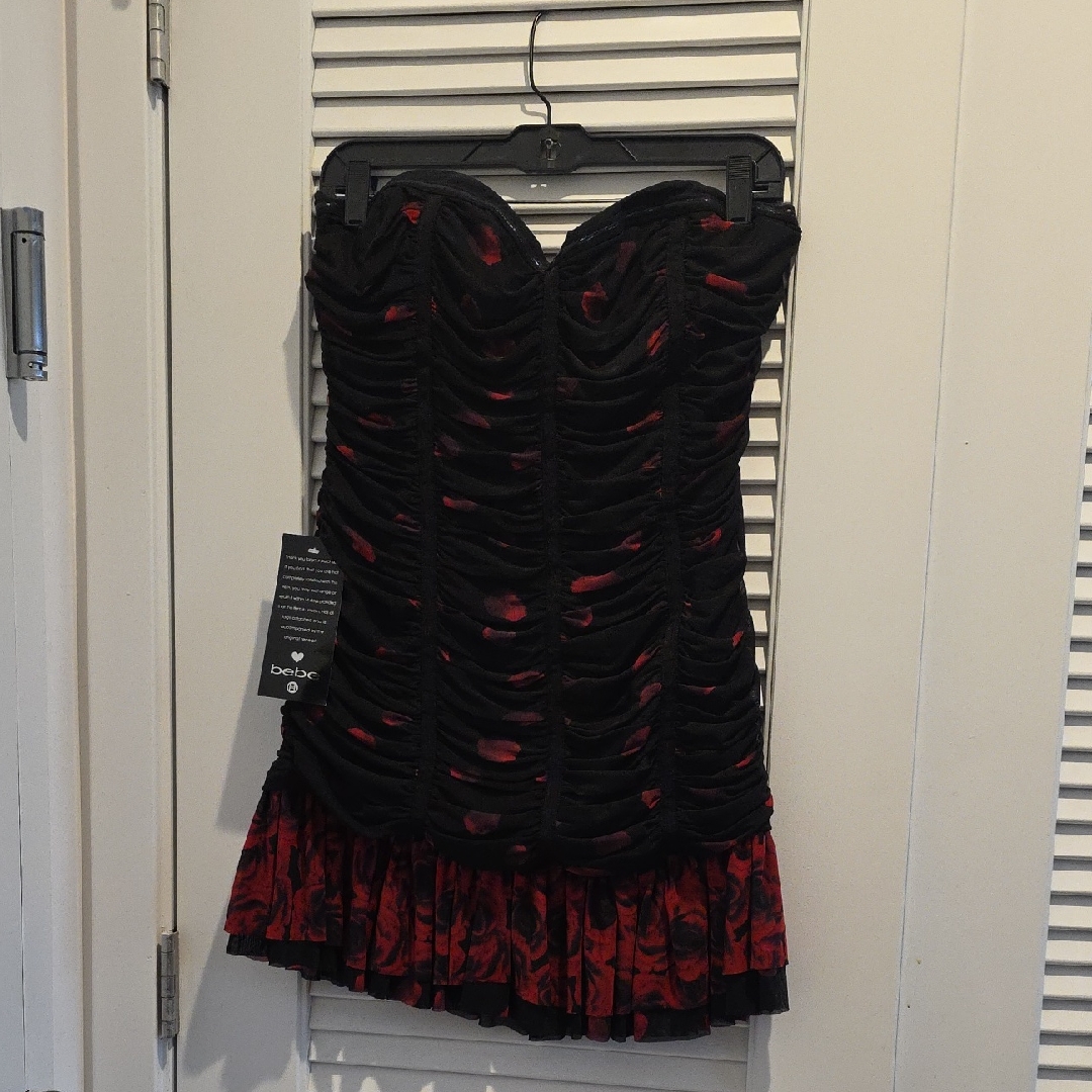 Bebe Black And Red Ruched Mini Dress